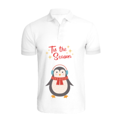 BYFT (White) Holiday Themed Printed Cotton T-shirt (Tis The Season Penguin) Unisex Personalized Polo Neck T-shirt (Small)-Set of 1 pc-220 GSM