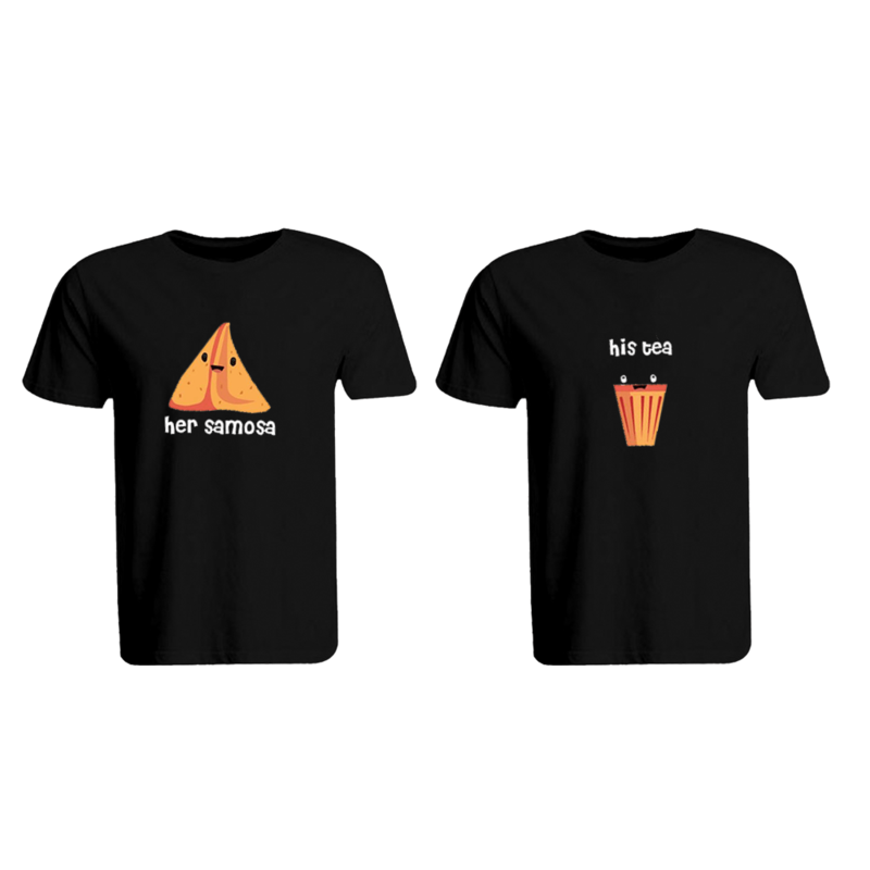 BYFT (Black) Couple Printed Cotton T-shirt (His Tea & Her Samosa) Personalized Round Neck T-shirt (Small)-Set of 2 pcs-190 GSM