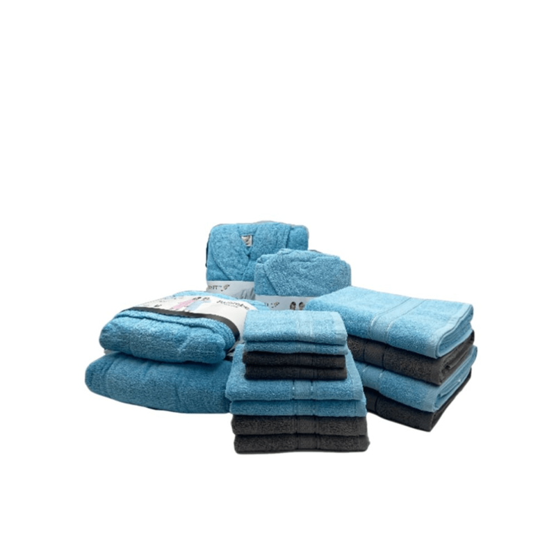 Daffodil(Dark Grey & Light Blue)100% Cotton Premium Bath Linen Set(4 Face,4 Hand,2 Adult & 2 Kids Bath Towels with 2 Adult & 2,6yr Kids Bathrobe)Super Soft,Quick Dry & Highly Absorbent Pack of 16Pc