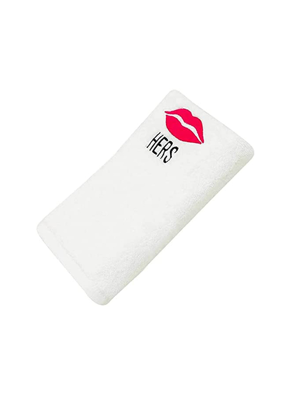 BYFT 2-Piece 100% Cotton Embroidered Pink Hers Lips & His Mustache Bath Towel, 70 x 140cm, White