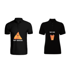 BYFT (Black) Couple Printed Cotton T-shirt (His Tea & Her Samosa) Personalized Polo Neck T-shirt (Large)-Set of 2 pcs-220 GSM
