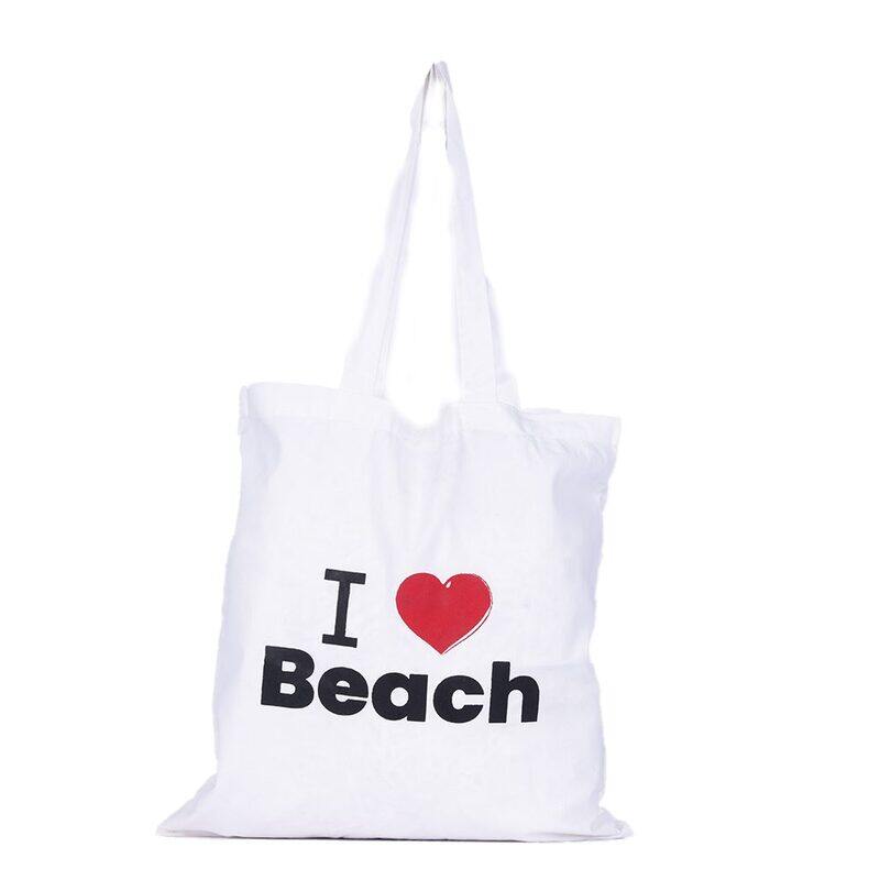 

BYFT White Cotton Flat Tote Bag (I Love Beach)