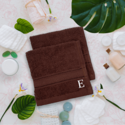 BYFT Daffodil (Brown) Monogrammed Face Towel (30 x 30 Cm-Set of 6) 100% Cotton, Absorbent and Quick dry, High Quality Bath Linen-500 Gsm White Thread Letter "E"