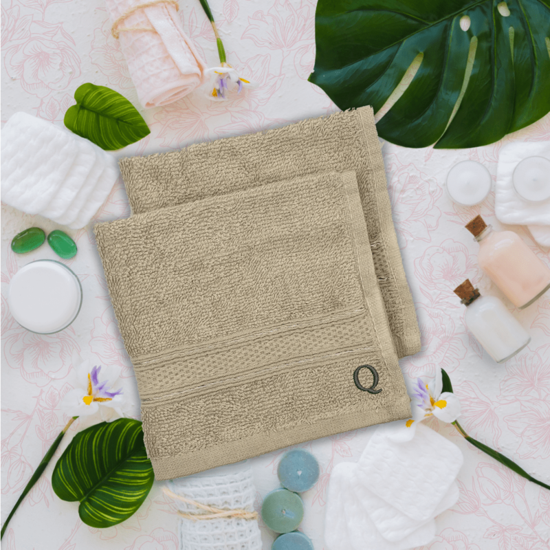 BYFT Daffodil (Light Grey) Monogrammed Face Towel (30 x 30 Cm-Set of 6) 100% Cotton, Absorbent and Quick dry, High Quality Bath Linen-500 Gsm Black Thread Letter "Q"