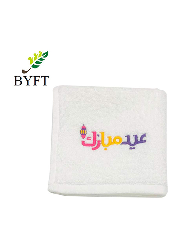 BYFT 6-Piece 100% Cotton Embroidered Eid Mubarak Hand Towel Set, 33 x 33cm, White