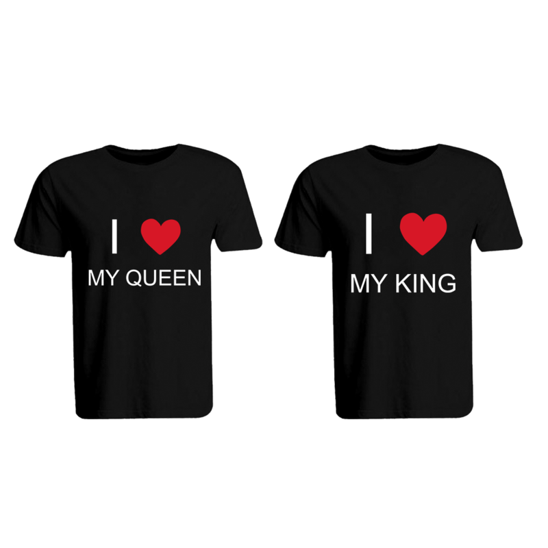 BYFT (Black) Couple Printed Cotton T-shirt (I Love My King & Queen) Personalized Round Neck T-shirt (XL)-Set of 2 pcs-190 GSM