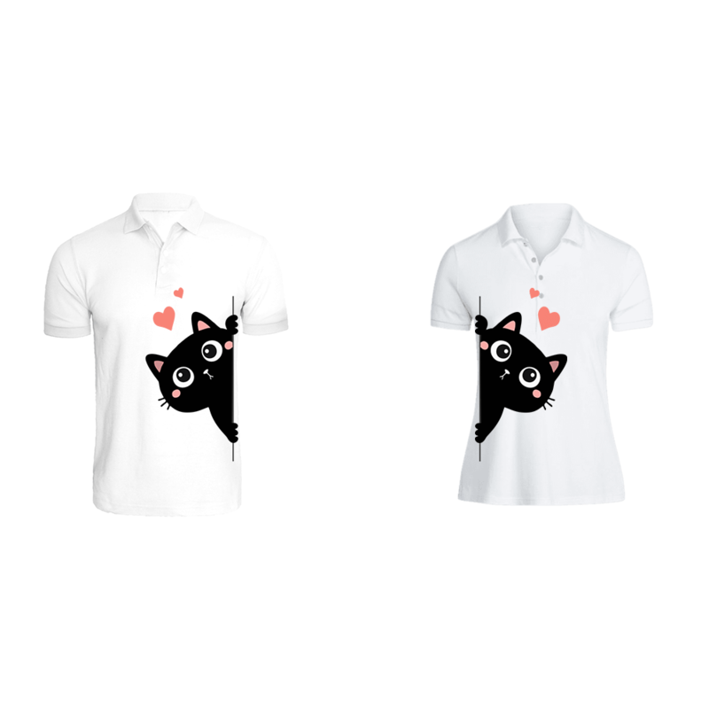 BYFT (White) Couple Printed Cotton T-shirt (Kitty) Personalized Polo Neck T-shirt (2XL)-Set of 2 pcs-220 GSM