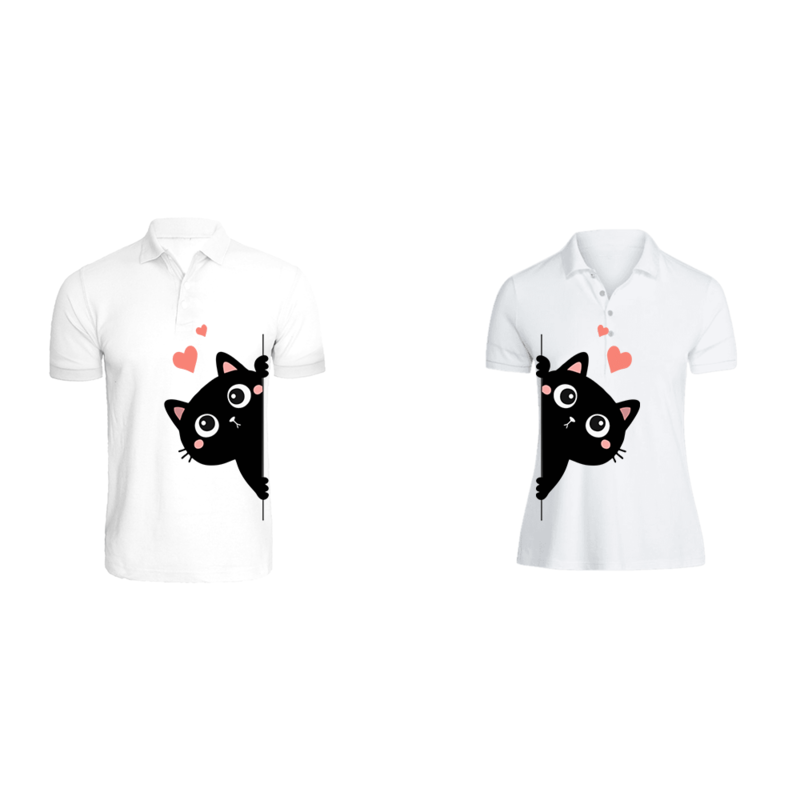 

BYFT (White) Couple Printed Cotton T-shirt (Kitty) Personalized Polo Neck T-shirt (2XL)-Set of 2 pcs-220 GSM