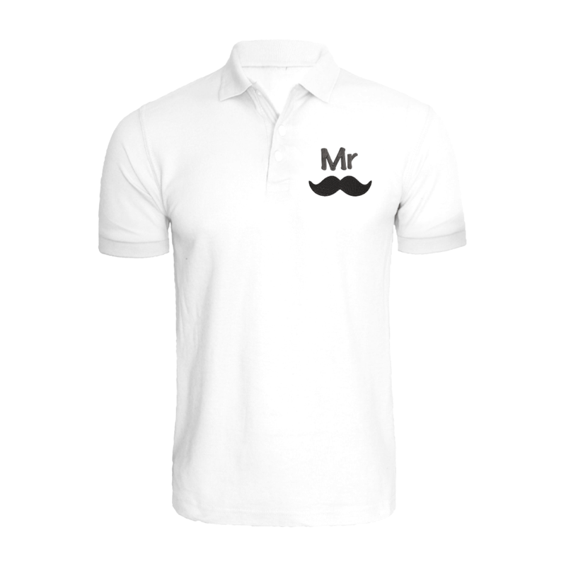 BYFT (White) Embroidered Cotton T-shirt (Mr. Moustache) Personalized Polo Neck T-shirt For Men (XL)-Set of 1 pc-220 GSM