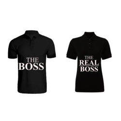 BYFT (Black) Couple Printed Cotton T-shirt (The Boss & The Real Boss) Personalized Polo Neck T-shirt (Small)-Set of 2 pcs-220 GSM