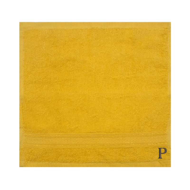 BYFT Daffodil (Yellow) Monogrammed Face Towel (30 x 30 Cm-Set of 6) 100% Cotton, Absorbent and Quick dry, High Quality Bath Linen-500 Gsm Black Thread Letter "P"