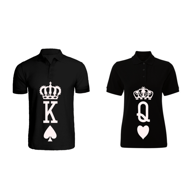 

BYFT (Black) Couple Printed Cotton T-shirt (Crown King & Queen) Personalized Polo Neck T-shirt (Large)-Set of 2 pcs-220 GSM