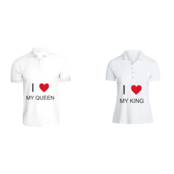 BYFT (White) Couple Printed Cotton T-shirt (I Love My King & Queen) Personalized Polo Neck T-shirt (Medium)-Set of 2 pcs-220 GSM