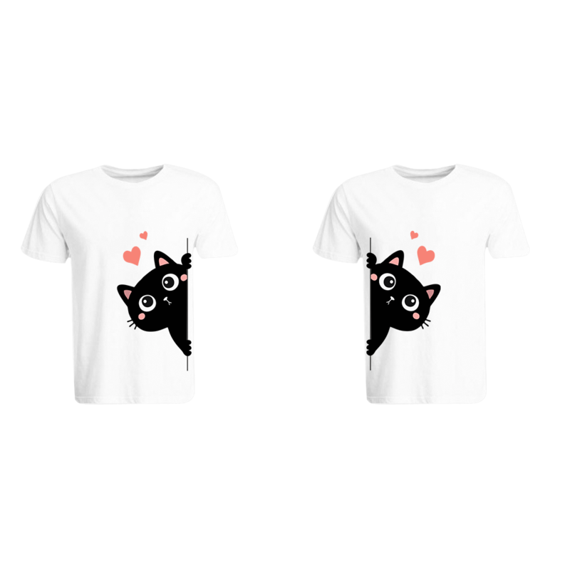 

BYFT (White) Couple Printed Cotton T-shirt (Kitty) Personalized Round Neck T-shirt (Medium)-Set of 2 pcs-190 GSM