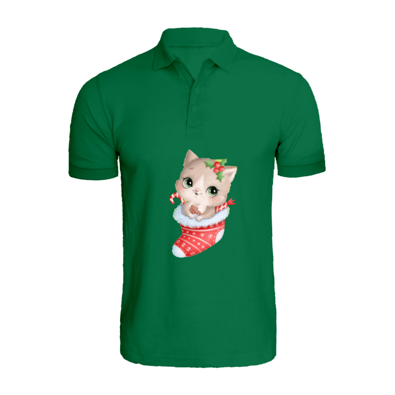 

BYFT (Green) Holiday Themed Printed Cotton T-shirt (Cat inside Christmas Stockings) Unisex Personalized Polo Neck T-shirt (Small)-Set of 1 pc-220 GSM