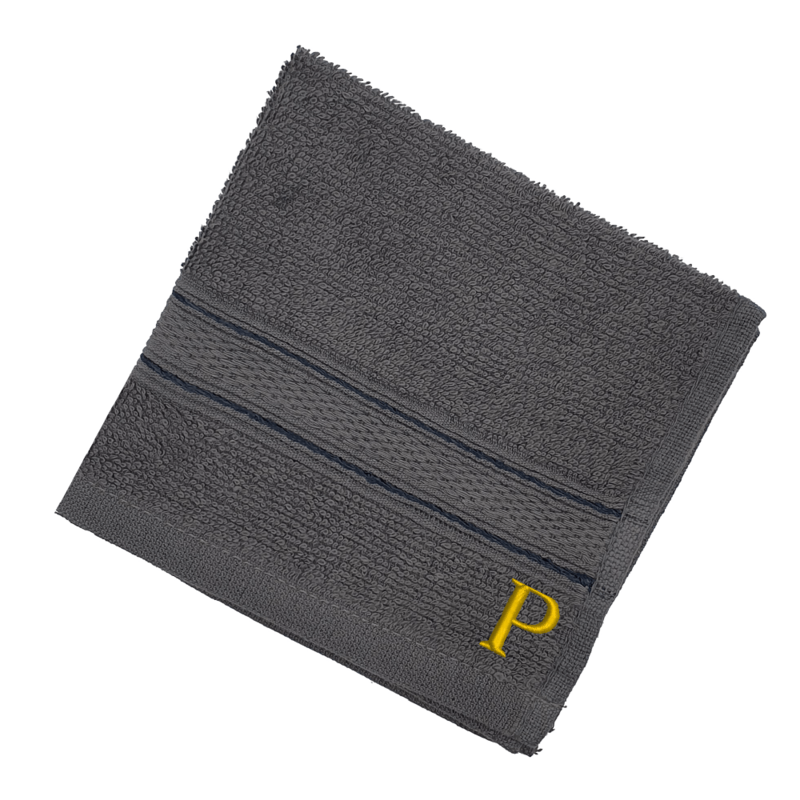 BYFT Daffodil (Dark Grey) Monogrammed Face Towel (30 x 30 Cm-Set of 6) 100% Cotton, Absorbent and Quick dry, High Quality Bath Linen-500 Gsm Golden Thread Letter "P"