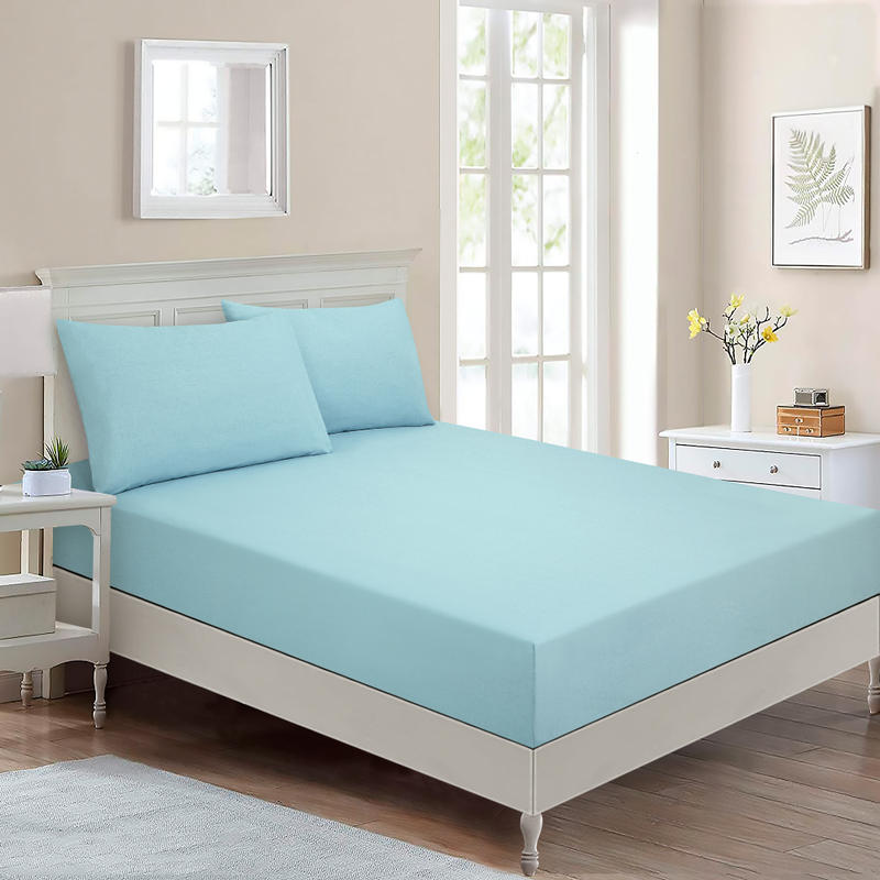 

BYFT Home Design Queen Fitted Sheet 160 x 200 Cm 2 Pillow Cover 50 x 80 Cm All Around Elastic Blue 100% Cotton Set of 3