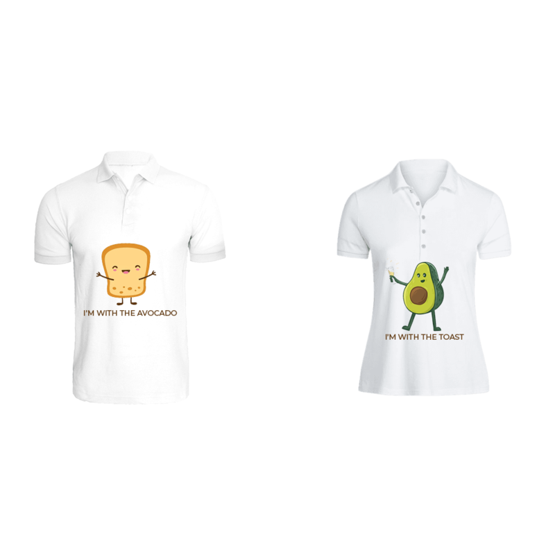 BYFT (White) Couple Printed Cotton T-shirt (The Avocado to My Toast) Personalized Polo Neck T-shirt (Small)-Set of 2 pcs-220 GSM