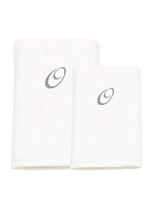 BYFT 2-Piece 100% Cotton Embroidered Letter O Bath and Hand Towel Set, White/Silver