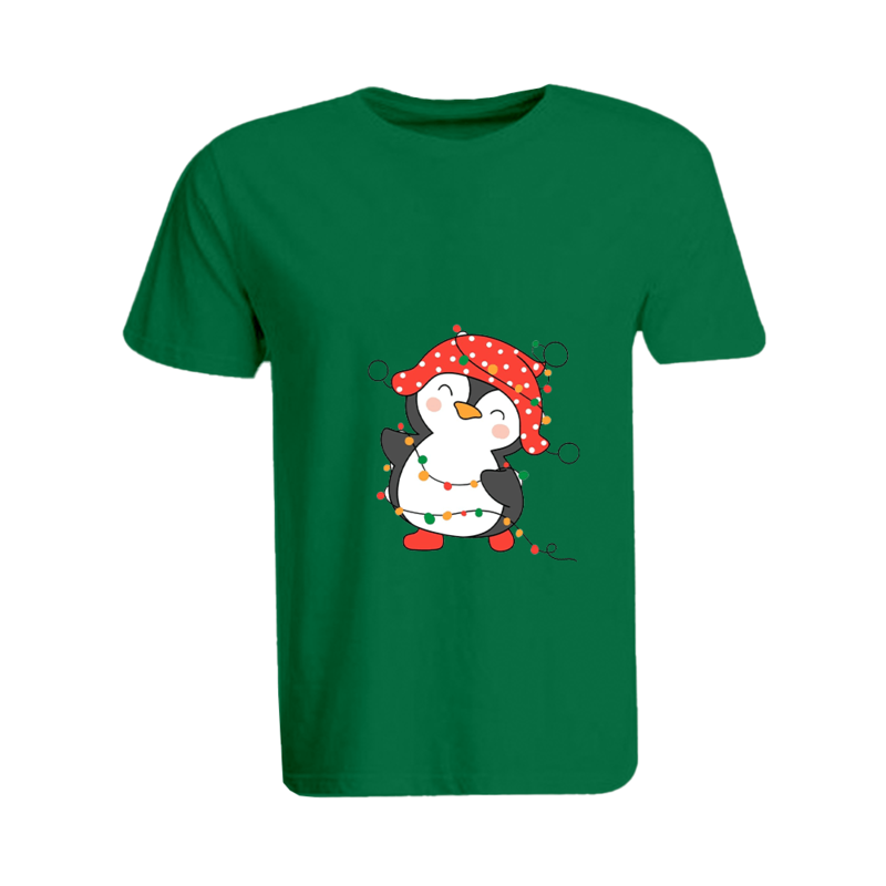 

BYFT (Green) Holiday Themed Printed Cotton T-shirt (Penguin Entangled in String Lights) Unisex Personalized Round Neck T-shirt (XL)-Set of 1 pc-190 GS