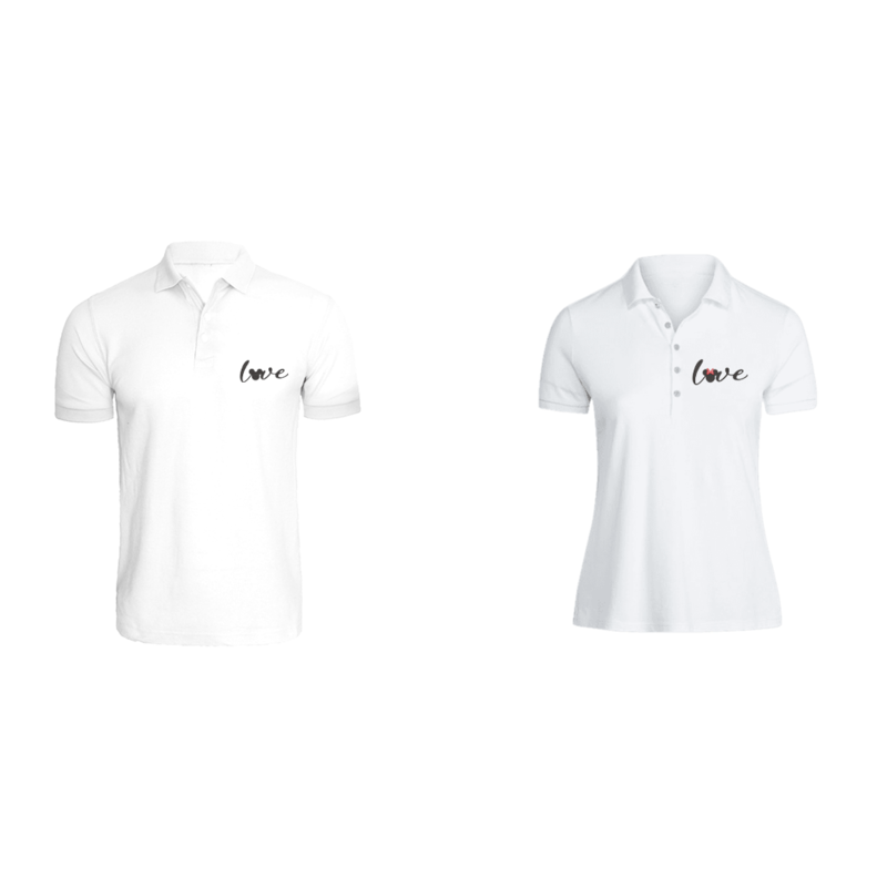 

BYFT (White) Couple Embroidered Cotton T-shirt (Mickey & Minnie Love) Personalized Polo Neck T-shirt (Small)-Set of 2 pcs-220 GSM