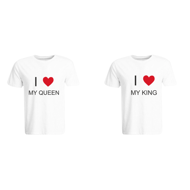 

BYFT (White) Couple Printed Cotton T-shirt (I Love My King & Queen) Personalized Round Neck T-shirt (Large)-Set of 2 pcs-190 GSM