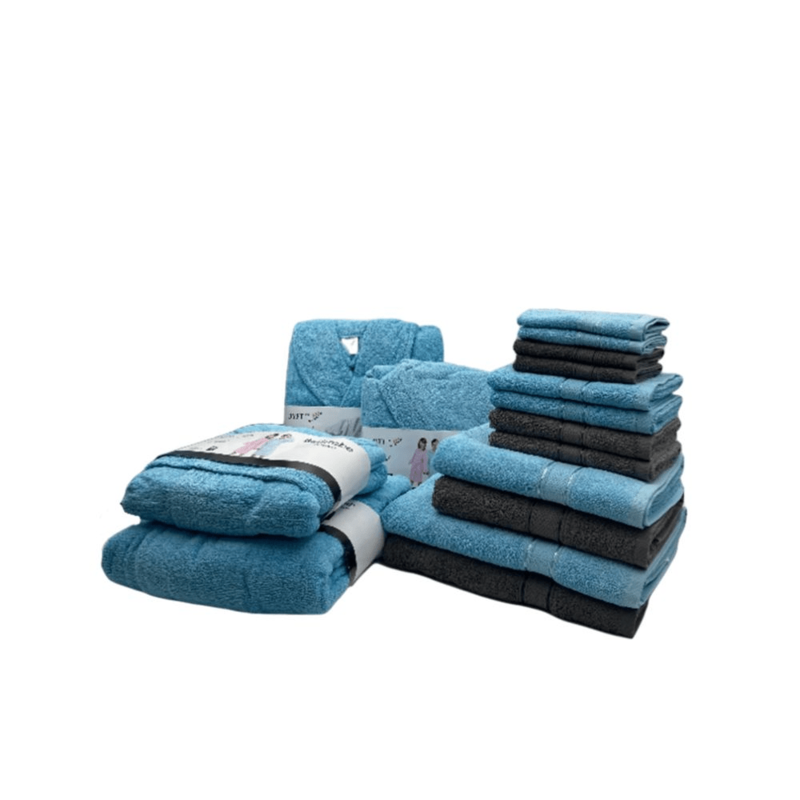 Daffodil(Dark Grey & Light Blue)100% Cotton Premium Bath Linen Set(4 Face,4 Hand,2 Adult & 2 Kids Bath Towels with 2 Adult & 2,8yr Kids Bathrobe)Super Soft,Quick Dry & Highly Absorbent Pack of 16Pc