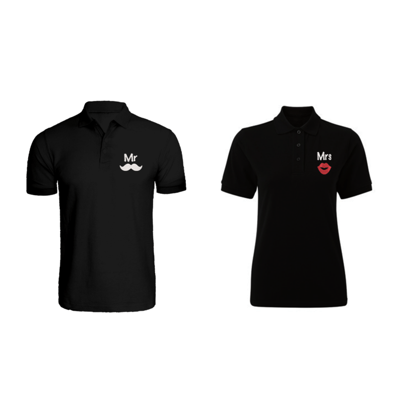 BYFT (Black) Couple Embroidered Cotton T-shirt (Mr. Moustache & Mrs. Lips) Personalized Polo Neck T-shirt (XL)-Set of 2 pcs-220 GSM