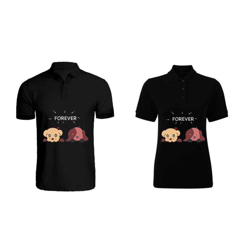 BYFT (Black) Couple Printed Cotton T-shirt (Forever) Personalized Polo Neck T-shirt (Large)-Set of 2 pcs-220 GSM