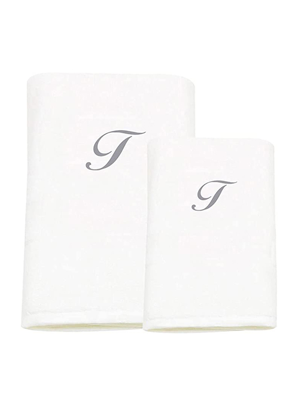 BYFT 2-Piece 100% Cotton Embroidered Letter T Bath & Hand Towel Set, White/Silver