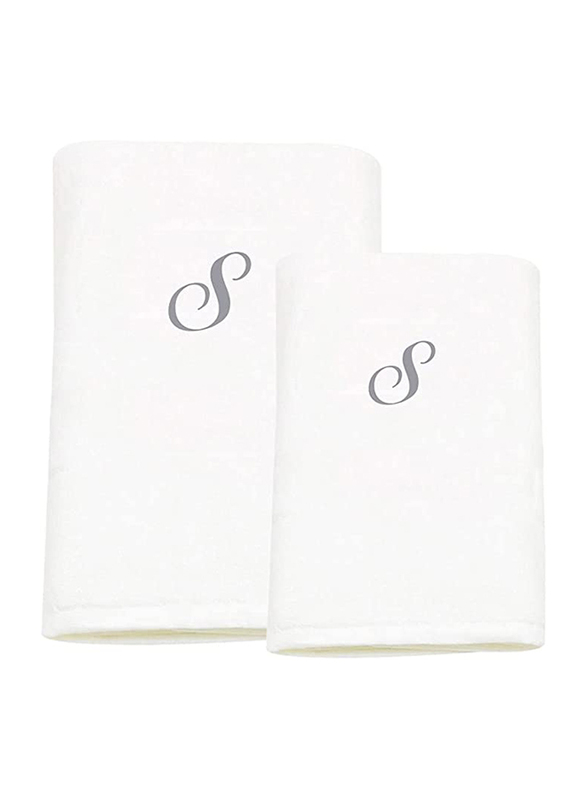 BYFT 2-Piece 100% Cotton Embroidered Letter S Bath & Hand Towel Set, White/Silver