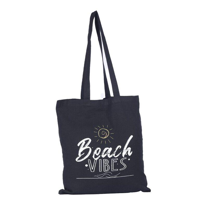 BYFT Black Cotton Flat Tote Bag (Beach Vibes)