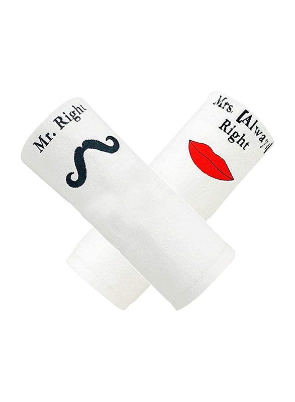 BYFT 2-Piece 100% Cotton Embroidered Mrs. Always Right & Mr. Right Hand Towel, 50 x 80cm, White