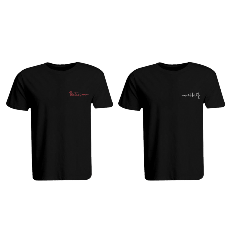 BYFT (Black) Couple Embroidered Cotton T-shirt (Better Half) Personalized Round Neck T-shirt (Large)-Set of 2 pcs-190 GSM