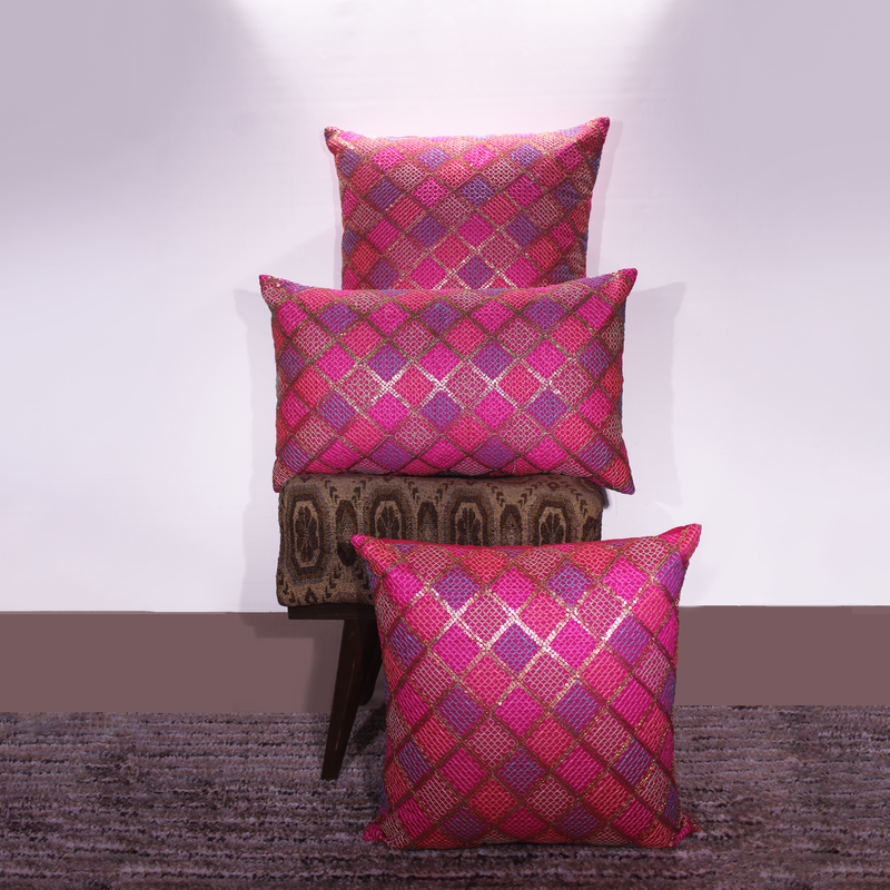 

BYFT Orchard Cushion Cover 16 x 16 inch (Diagonal Checks Design - Fuchsia Pink) 40 x 40 cm Luxury Decorative Cushion Cover for Sofa, Bed & Living Room