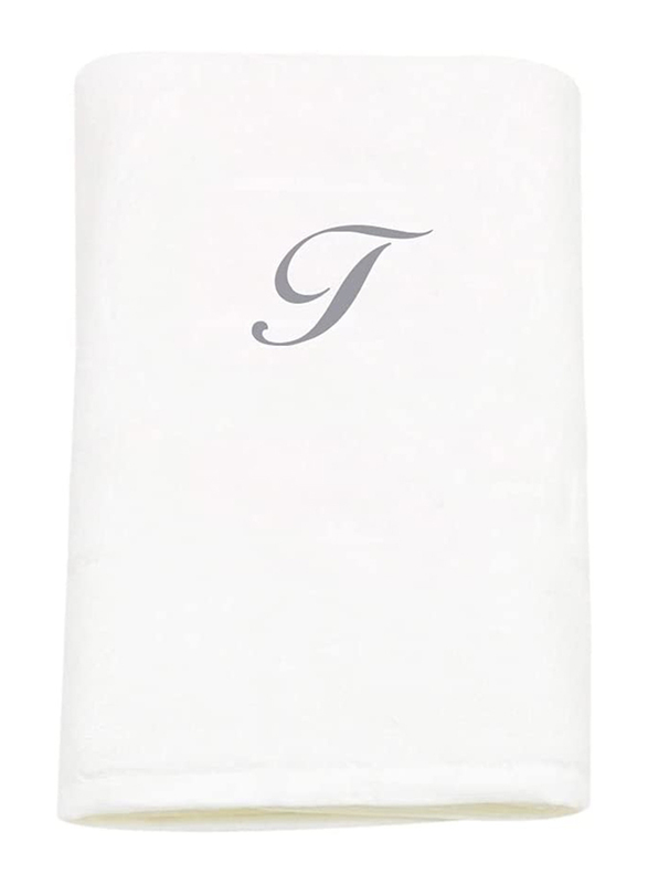 BYFT 100% Cotton Embroidered Letter T Bath Towel, 70 x 140cm, White/Silver