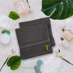 BYFT Daffodil (Dark Grey) Monogrammed Face Towel (30 x 30 Cm-Set of 6) 100% Cotton, Absorbent and Quick dry, High Quality Bath Linen-500 Gsm Golden Thread Letter "T"