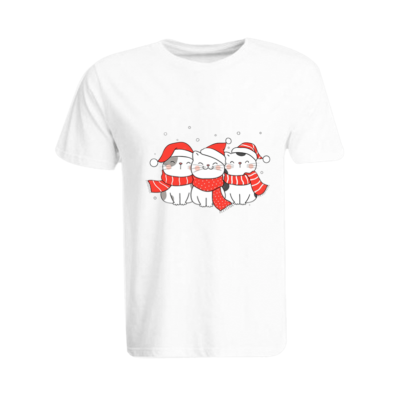 BYFT (White) Holiday Themed Printed Cotton T-shirt (Three Cats With Scarf & Christmas Cap) Unisex Personalized Round Neck T-shirt (2XL)-Set of 1 pc-190 GSM