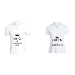 BYFT (White) Couple Printed Cotton T-shirt (King of Whatever Left & Queen of Everything) Personalized Polo Neck T-shirt (Large)-Set of 2 pcs-220 GSM