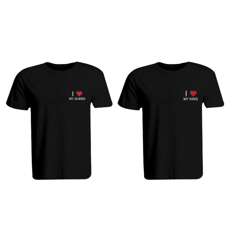 BYFT (Black) Couple Embroidered Cotton T-shirt (I Love My King & Queen) Personalized Round Neck T-shirt (2XL)-Set of 2 pcs-190 GSM