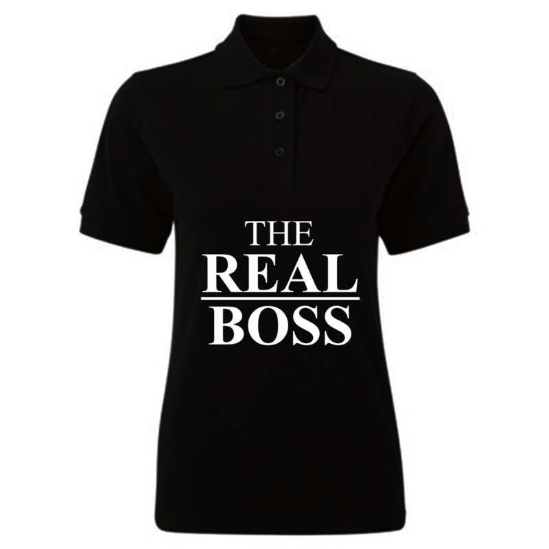 

BYFT (Black) Printed Cotton T-shirt (The Real Boss) Personalized Polo Neck T-shirt For Women (2XL)-Set of 1 pc-220 GSM