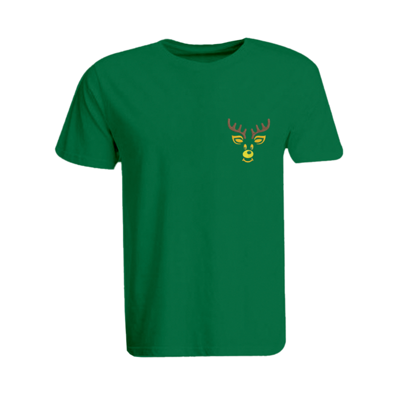 BYFT (Green) Holiday Themed Embroidered Cotton T-shirt (Reindeer) Unisex Personalized Round Neck T-shirt (2XL)-Set of 1 pc-190 GSM