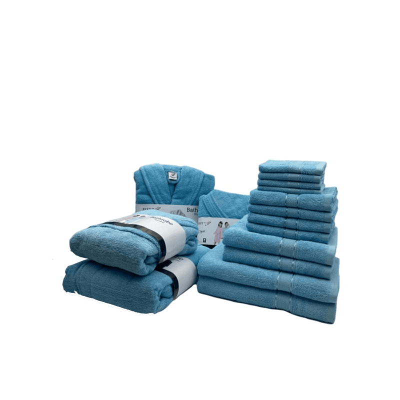 Daffodil(Light Blue)100% Cotton Premium Bath Linen Set(4 Face,4 Hand,2 Adult & 2 Kids Bath Towels with 2 Adult & 2,8yr Kids Bathrobe)Super Soft,Quick Dry & Highly Absorbent Family Pack of 16Pc