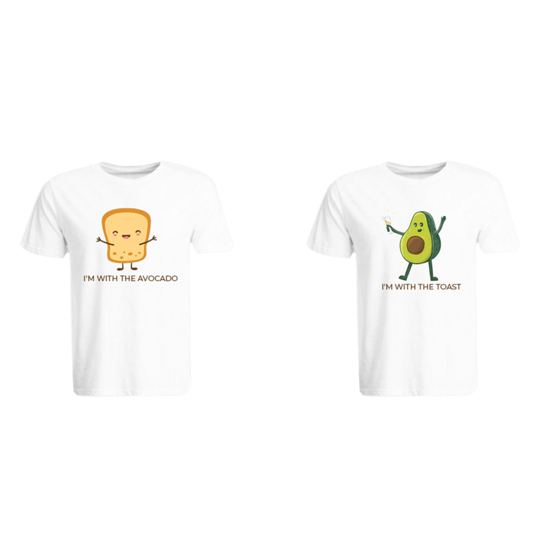 BYFT (White) Couple Printed Cotton T-shirt (The Avocado to My Toast) Personalized Round Neck T-shirt (Small)-Set of 2 pcs-190 GSM