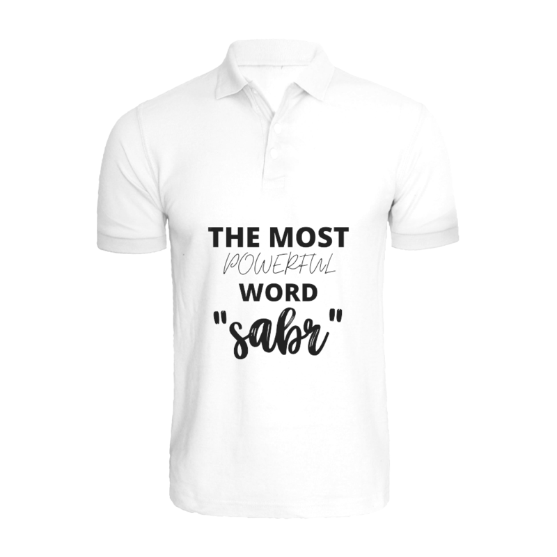 

BYFT (White) Ramadan Printed Tshirt (The Most Powerful Word Sabr) Cotton (Small) Unisex Polo Neck Tshirt -220 GSM