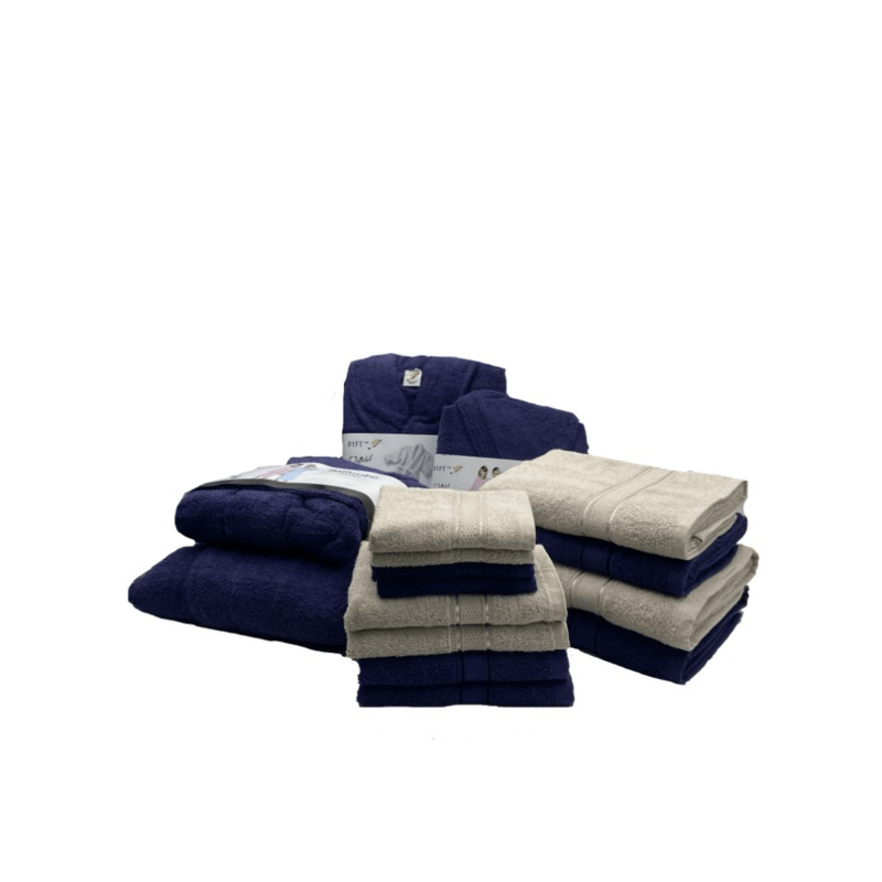 Daffodil(Light Grey & Navy Blue)100% Cotton Premium Bath Linen Set(4 Face,4 Hand,2 Adult & 2 Kids Bath Towels with 2 Adult & 2,6yr Kids Bathrobe)Super Soft,Quick Dry & Highly Absorbent Pack of 16Pc