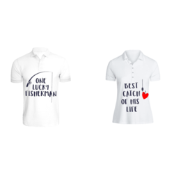 BYFT (White) Couple Printed Cotton T-shirt (Best Catch Fisherman) Personalized Polo Neck T-shirt (XL)-Set of 2 pcs-220 GSM