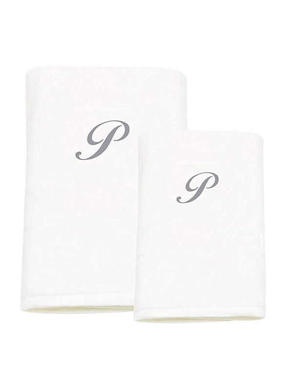 BYFT 2-Piece 100% Cotton Embroidered Letter P Bath and Hand Towel Set, White/Silver
