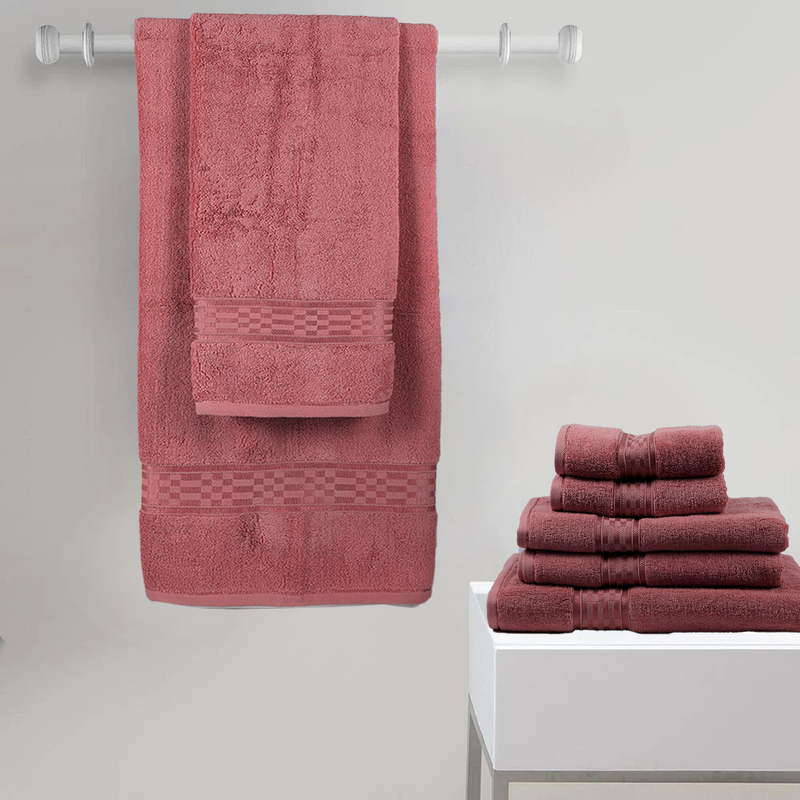 BYFT Home Ultra (Burgundy) 4 Hand Towel (50 x 90 Cm) & 2 Bath Towel (70 x 140 Cm) 100% Cotton Highly Absorbent, High Quality Bath linen with Checkered Dobby 550 Gsm Set of 6