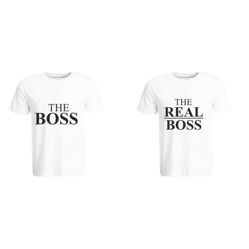BYFT (White) Couple Printed Cotton T-shirt (The Boss & The Real Boss) Personalized Round Neck T-shirt (Small)-Set of 2 pcs-190 GSM
